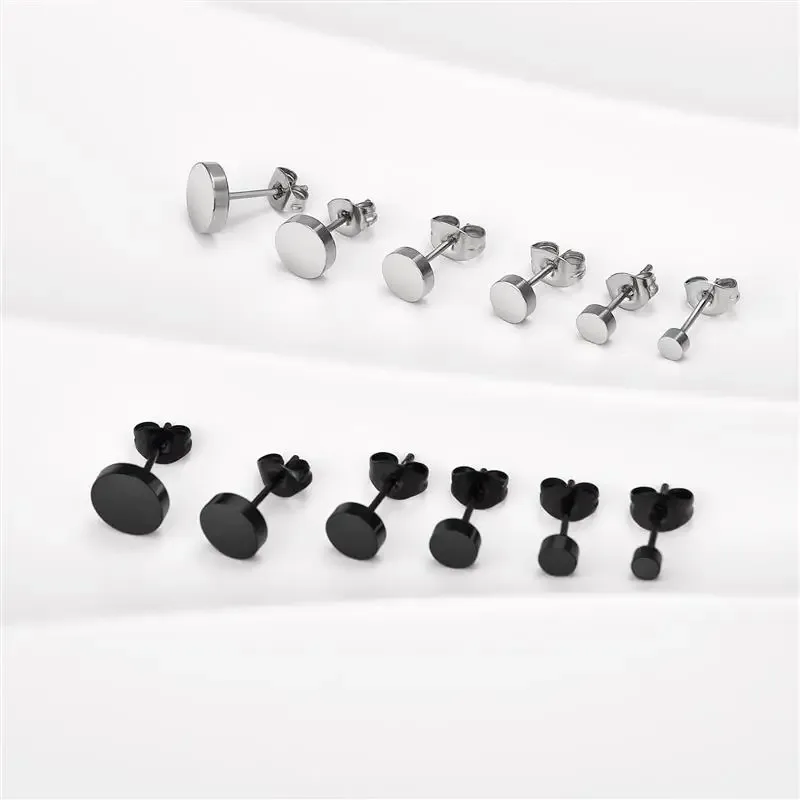 2pcs Stainless Steel Round Black Ear Studs for Men, 3-8mm Punk Stud Earring Push Back Stud Earrings For Women Men Jewelry