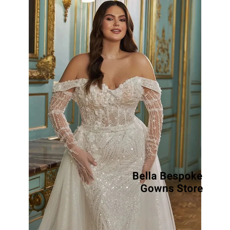 Abito da sposa scintillante taglie forti Treno staccabile Personalizzato con spalle scoperte Sweetheart Perline Sweep Train Abito da sposa arabo