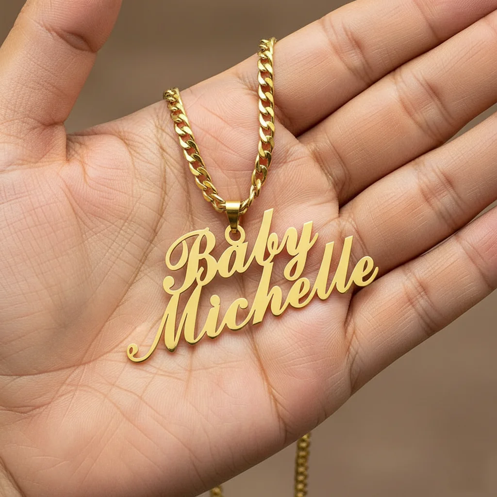 

Customized Double Names Bold Pendant Necklace 18K Gold Plated Stainless Steel Nameplate Pendant with 5mm Cuban Chain Men Gift