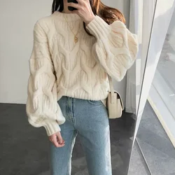 Women White Twist Knitted Sweater Short Pullover Tops Autumn Winter New Casual Solid Color Long Sleeve Bottoming Knitwear Jumper