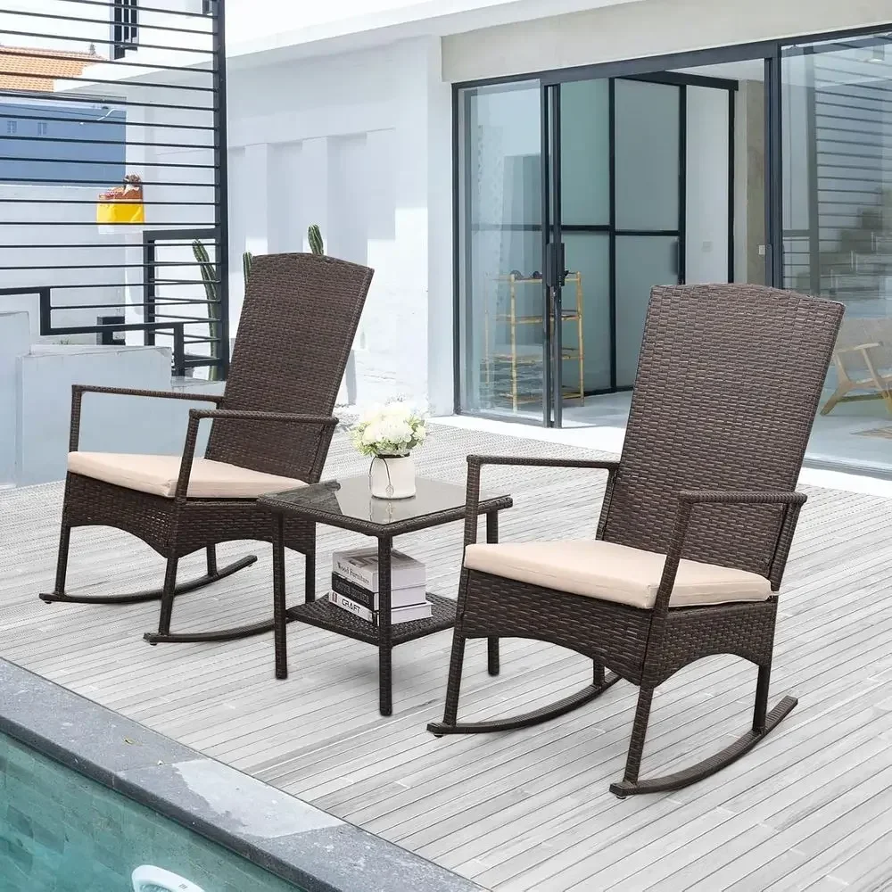 Outdoor HDPE Wicker Rocking Chair 3-Piece Patio Rattan Bistro Set 2 Rocker Armchair and Glass Coee Side Table urniture Washable view 2