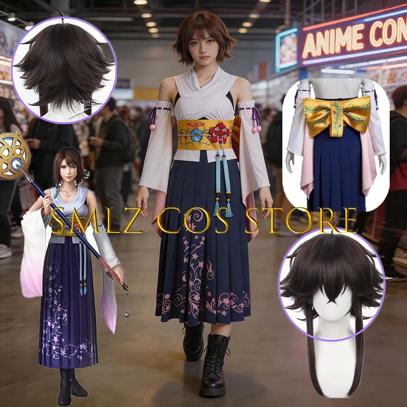 Smlz FFX Yuna Cosplay Anime FF10 X Costume Woman You Na Kimono Dress Prop Wig Set Halloween Party Play Outfit