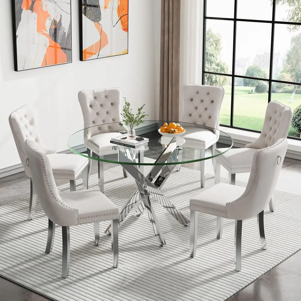 

6-Piece Glass Dining Set with Velvet Chairs for Small Kitchen