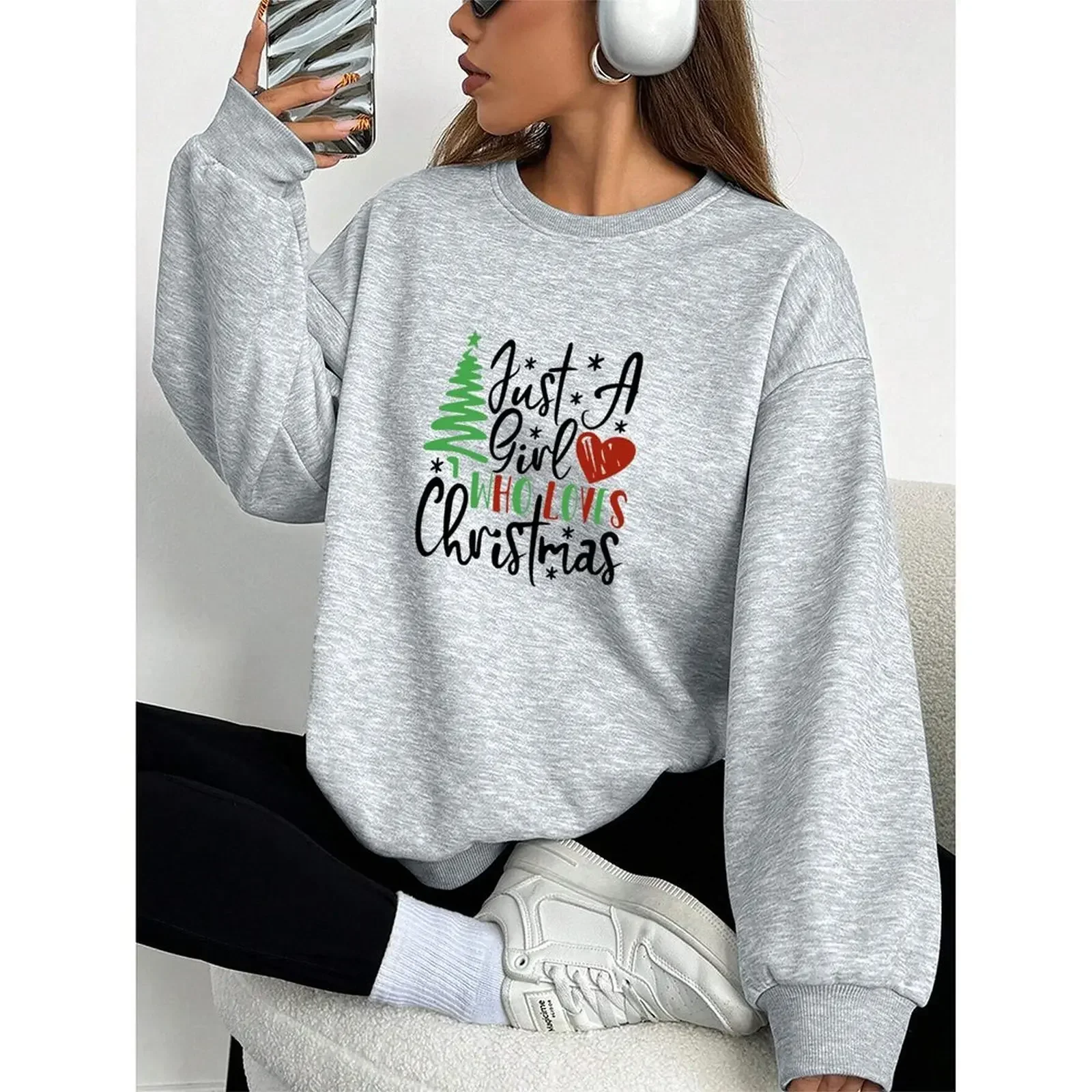 

O-Neck Sweatshirt Velvet Winter Casual Loose Comfort Christmas Printed Pattern Sweater Warm Loose Fashion Pullover Woman Clothes