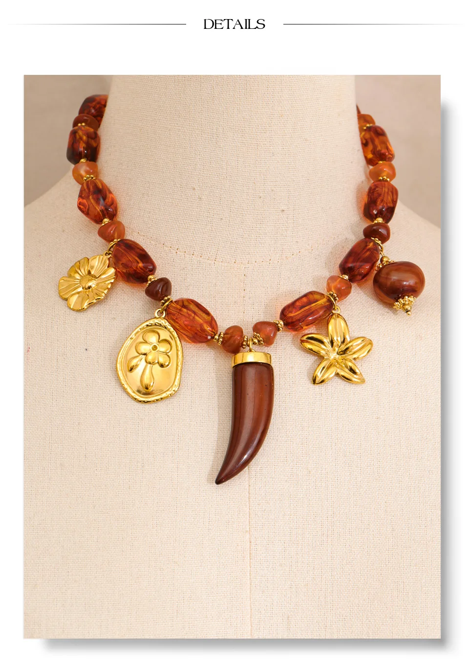 Yhpup Handgemachte Halskette Wasserdicht Bernstein Harz Perlen Kette Horn Blume Statement Halskette Edelstahl Schmuck Zubehör – Detail 7