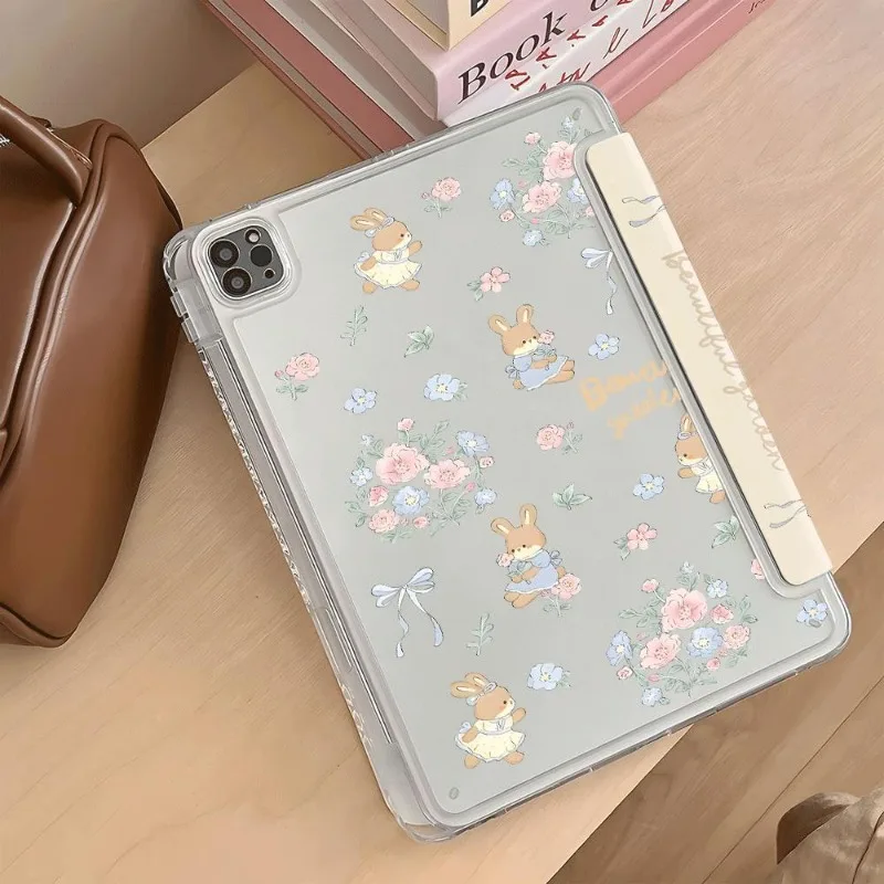 Floral Rabbit 3+Y Folded Case for Xiaomi Pad 5/5Pro 6/6Pro 11 Inch Xiaomi Pad 7/7Pro 8/8Pro 11.2 Redmi Pad SE 11 Pro 12.1 Inch