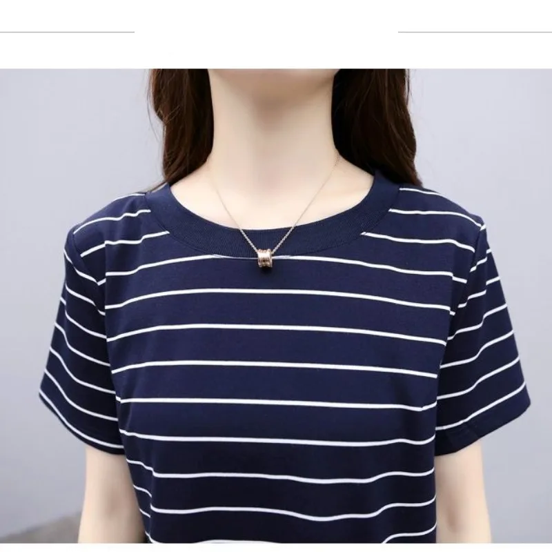 Women's Crew Neck Pullover Summer Striped Solid Patchwork Shirring Pleated Short Sleeve Casual Loose Elegant Office Lady Dress