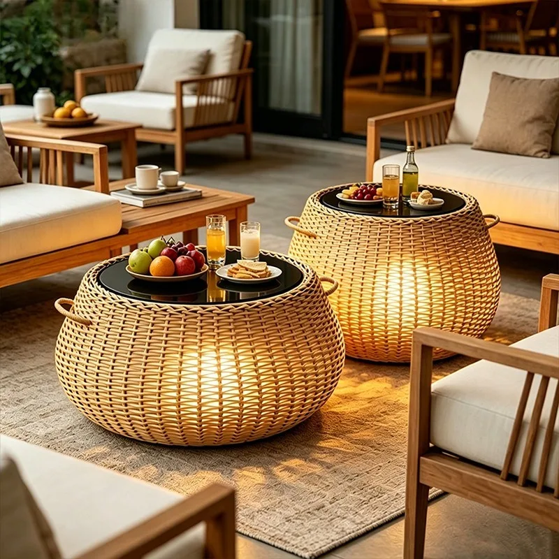 Outdoor waterproof solar villa courtyard garden terrace woven coffee table, lamp lawn lamp outdoor rattan table lamp