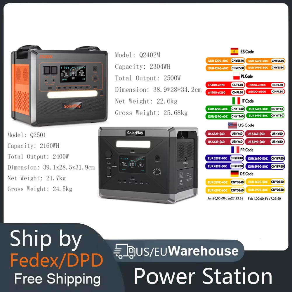 SOLARPLAY Q2501 Q2402M Portable Power Station 2160WH 2304WH LiFePO4 Battery with 2400W/2500W (4800W Peak) Solar Generator