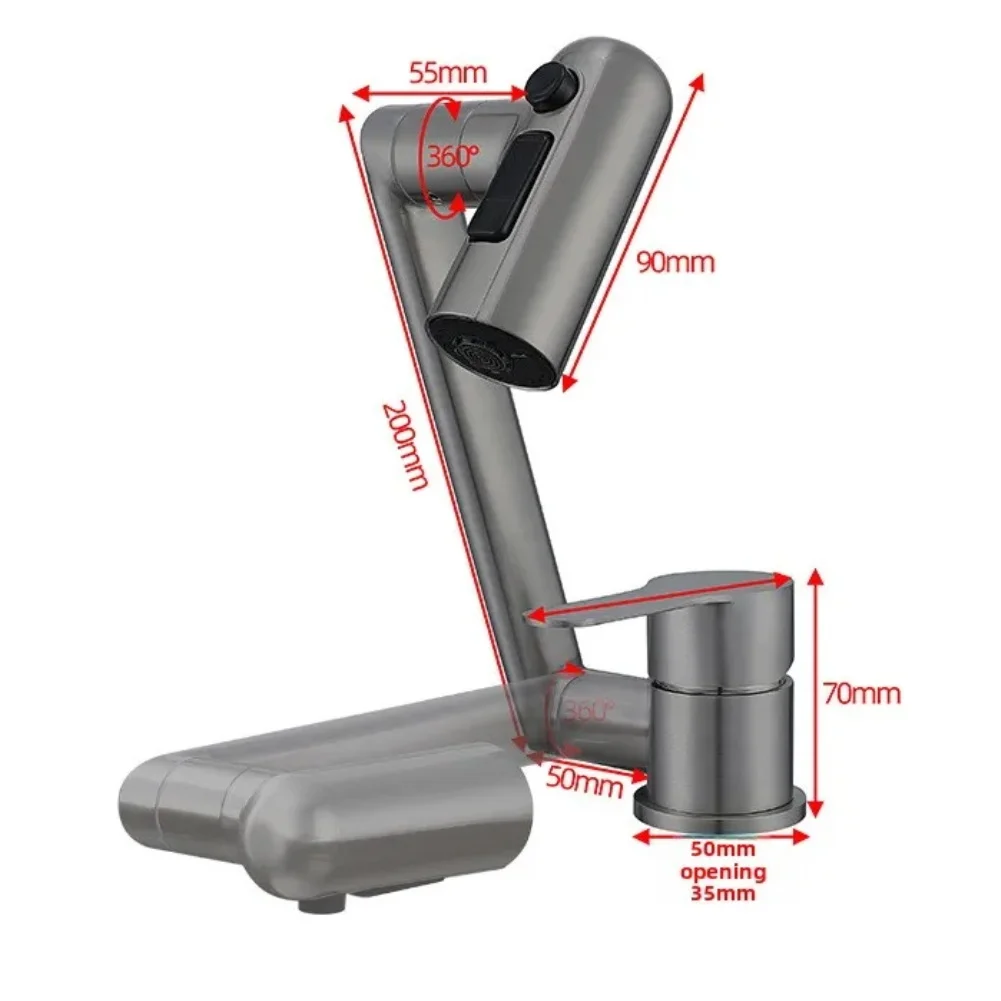 Kitchen Tap with 360 Swivel Spout Folding Arm 3 Spray Functions and 304 Stainless Steel Material for Countertop Mounting