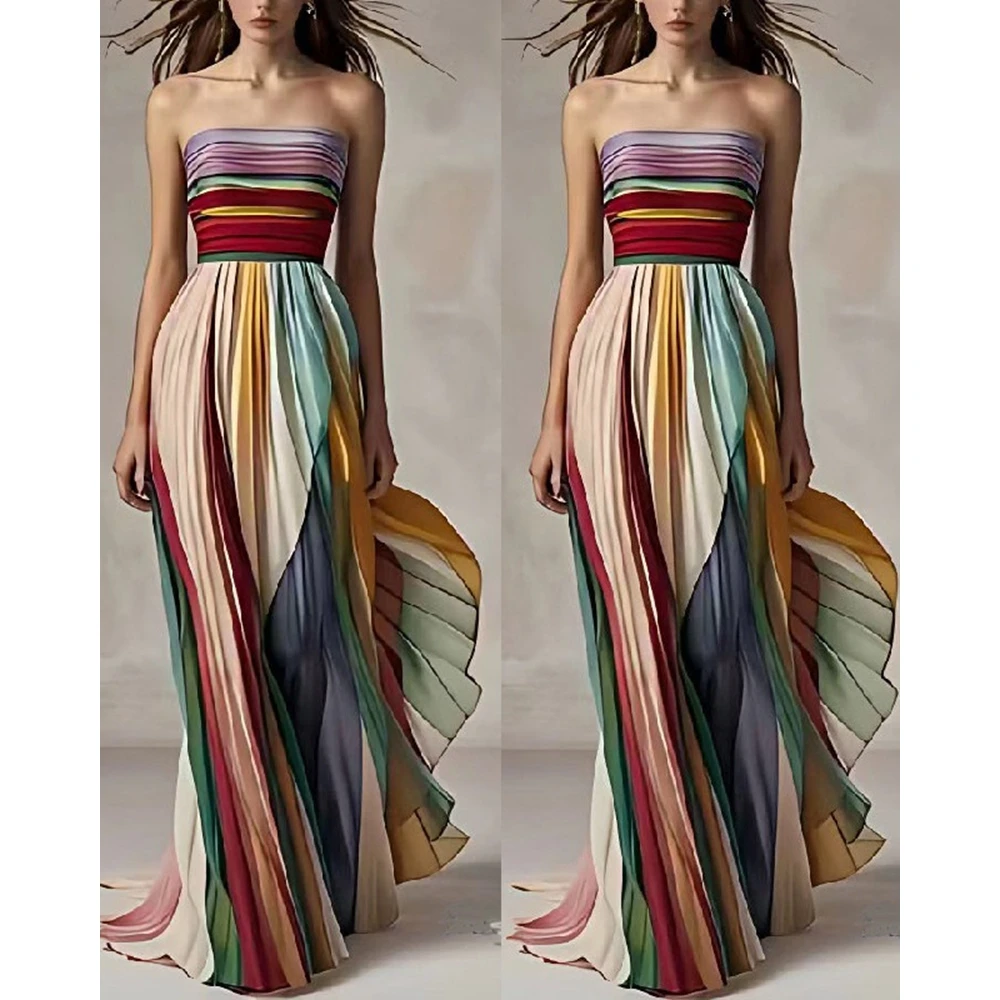 

2026 Women's Rainbow Bandeau Pleated Ruched Party Maxi Dress Summer Femme Slim Fit Sleeveless Colorful Elegant Dresses