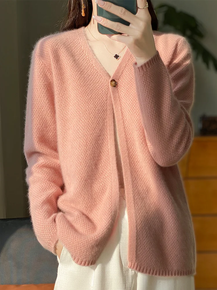100% Merino Wool Sweater For Women V-neck Long Sleeve Basic Grace Cardigan Spring Autumn Office Lady Clothes Korean Fashion Tops