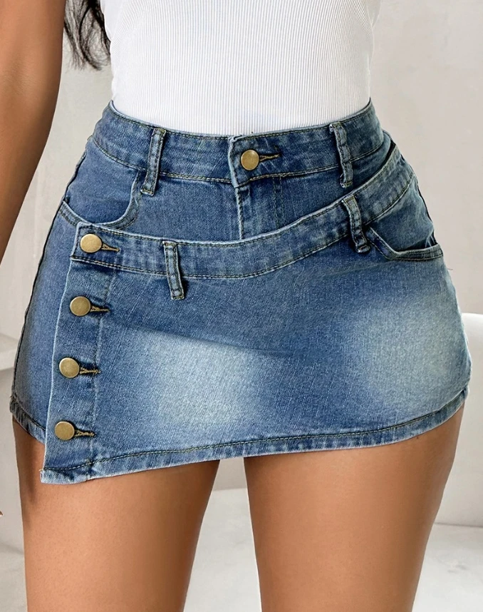 

Women's Shorts 2024 Summer Fashion Pocket Design Buttoned Washed Asymmetrical High Waist Casual Skinny Daily Denim Skorts