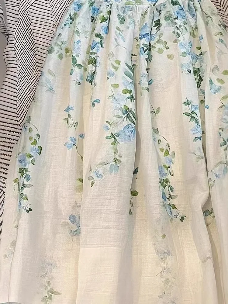 

Comfortable Green Print A-Line Skirt for Pear Shaped Body Summer New Style Small Size Hip Covering High Waist Design