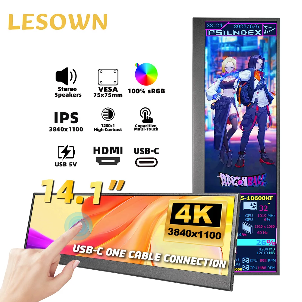 

LESOWN 14.1 Inch 4K Touch Stretched Strip Display Ultra-wide Display Plug & Play PC Sensor Panel for GPU CPU Data Monitoring PC