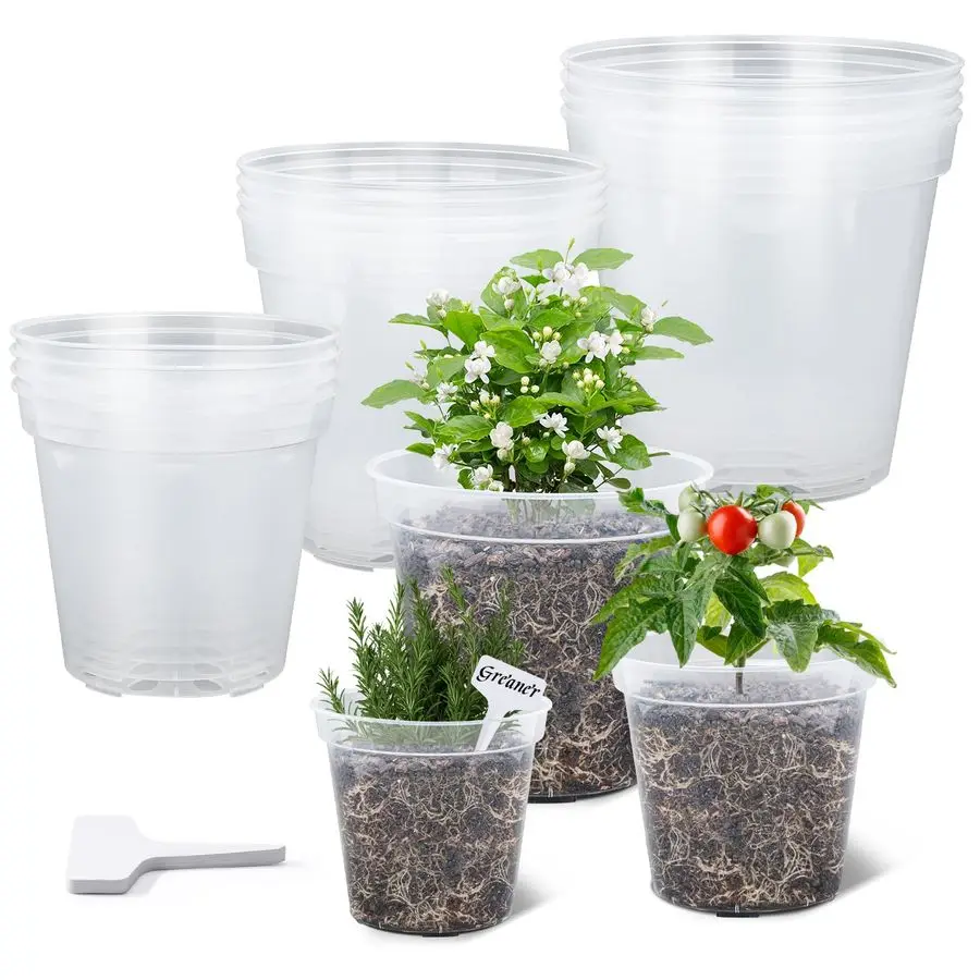 

Прозрачные горшки для рассады с дренажем, пластиковые кашпо 6, 7, 8 дюймов с 20 этикетками для растений, прозрачная упаковка, 15 штук