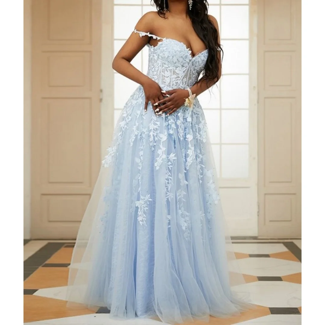 

Tulle Sweetheart A-line Prom Gowns Spaghetti Straps Backless Floor-Length Party Dress Elegant Formal Evening Dresses Light Blue