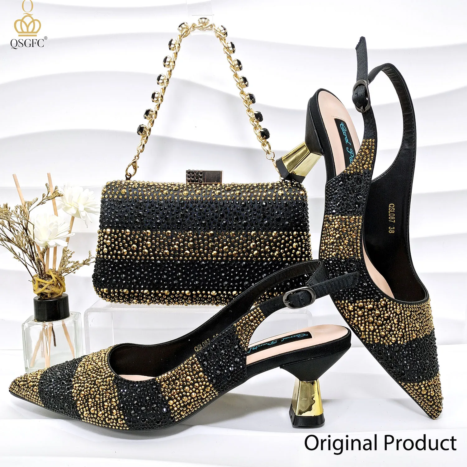 Qsgfc senhoras de alta qualidade bombas femininas um par sapatos ou conjunto italiano design moda preto ouro cor saco para casamento nigéria