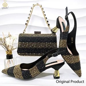 QSGFC Hochqualität Damen Frauen Bomben ein Paar Schuhe oder Ensemble Italienisch Design Fashion Schwarz Gold Farbbeutel Nigeria 8 Hauptverkaufsschuh Mutter der Braut - №3