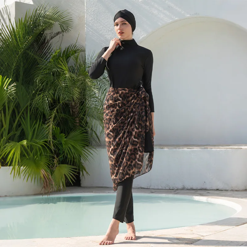 Women 4‑Piece Leopard Print Burkini Modest Swimsuit Long Sleeve Top Full‑Length Pants Wrap Skirt Hijab Islamic Beach Swimwear