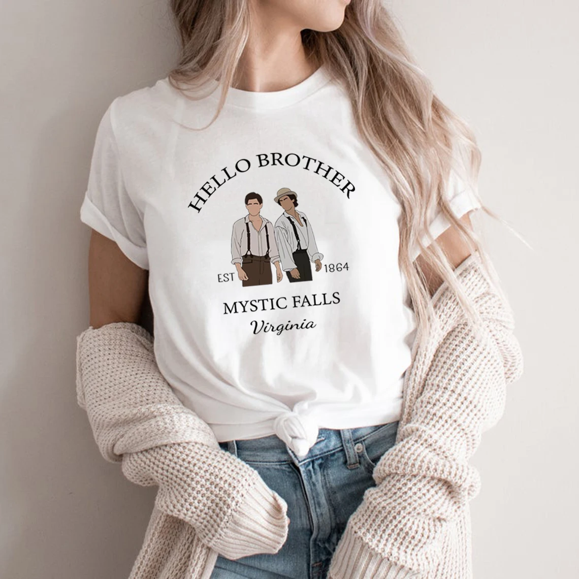 Hello Brother T-Shirt Mystic Falls Virginia Tshirt Stefan and Damon Salvatore Tee Women Clothes Streetwear Top Vampire Fan Gift