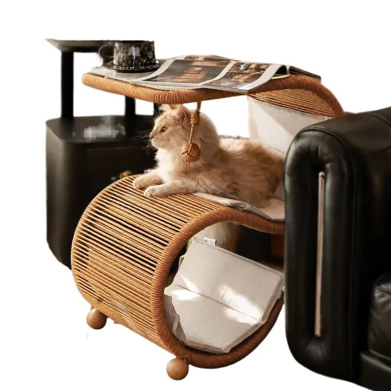 Designer rattan double-layer summer cat nest, medieval tea edge rack
