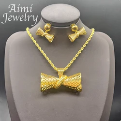 Daily Wear Dubai 24K Gold Plated Bowknot Necklace Earrings African Nigerian Jewelry Set for Women Party Bridal Wedding Gifts