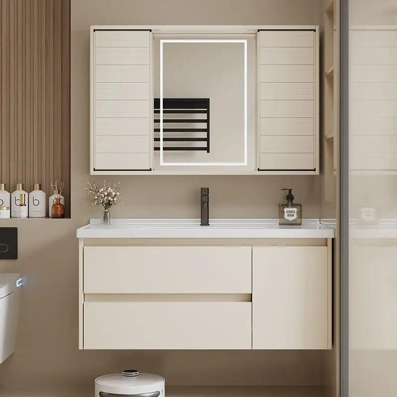 

Cream wind rounded corner space aluminum bathroom cabinet combination hand washbasin cabinet washstand ceramic integrated basin