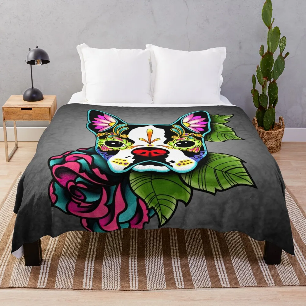 Boston Terrier in Black - Day of the Dead Sugar Skull Dog Throw Blanket Summer Beddings Travel Bed Fashionable Cute Blankets