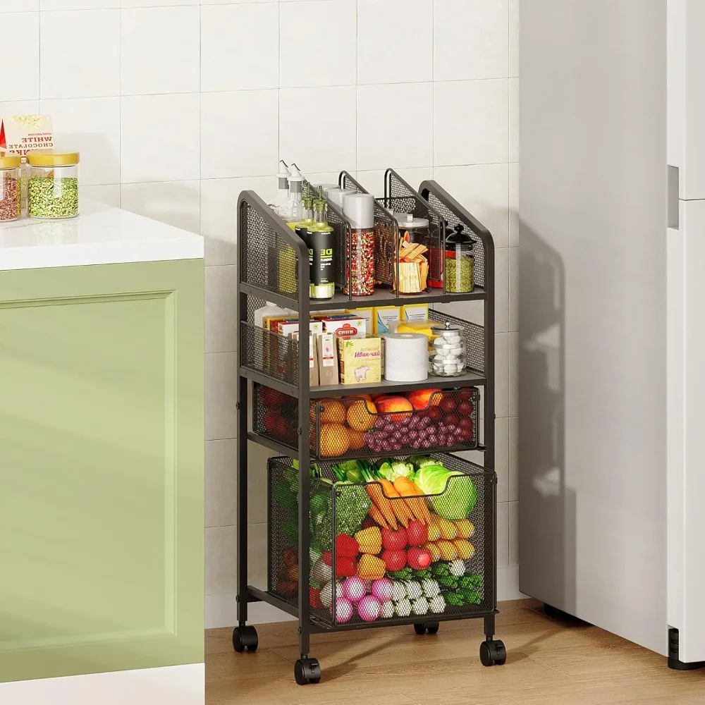 

4-Tier Fruit Vegetable Storage Cart - Kitchen Organizer and Storage Cart with DIY Divider on Top,Rolling Pantry Kitchen Cart wit