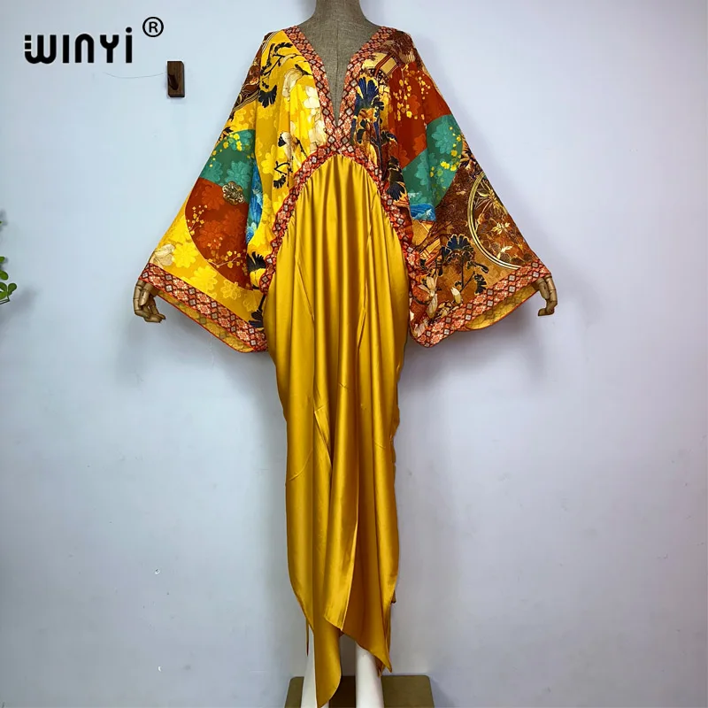 

WINYI Monochrome mosaic Swimsuit Cover Up Women Beach Dress Sexy V-neck Dresses Summer Woman Clothes elegant Robe fashion kaftan