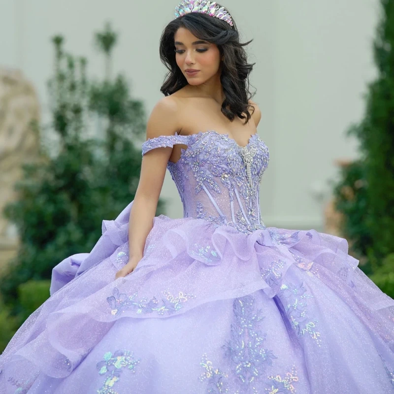 Lavender Shiny Quinceanera Dresses Ball Gown Off The Shoulder Applique Lace Beads Bow With Cape Tull Sweet 16 Dress Vestidos 15