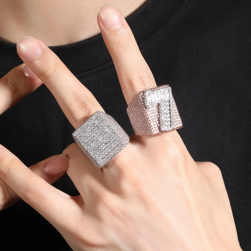 Hip Hop Micro Paved Cubic Zirconia Big Square Finger Ring for Men Bling Ice Out CZ Rings Male Rapper Jewelry Size 8-11