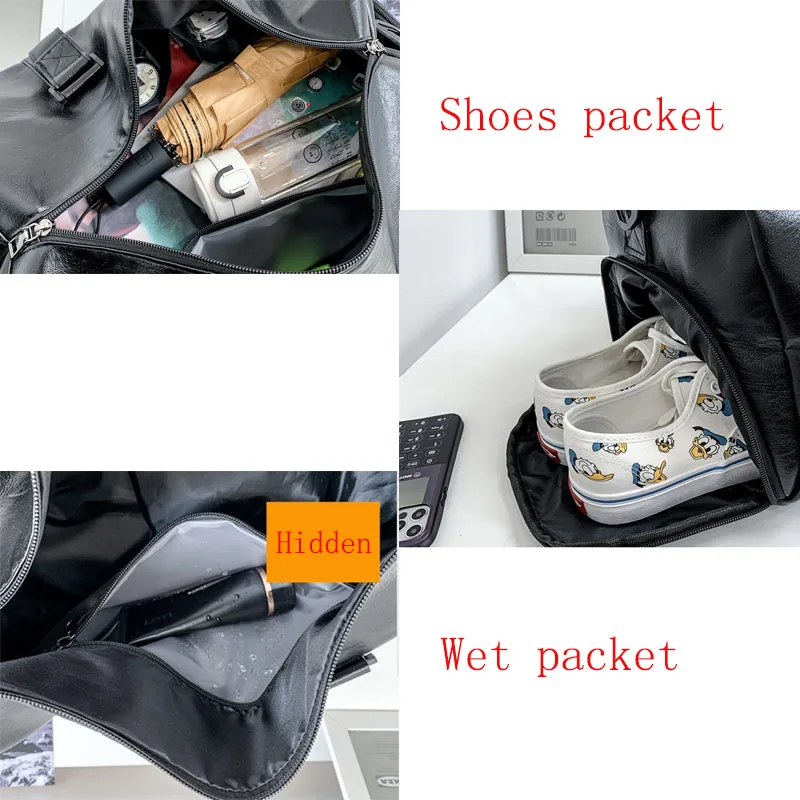 Unisex Leather Duffle Bag, Separação Seca e Molhada, Sacos De Mão De Ombro, Treinamento, Viagem Duffel, Bagagem De Fitness, Pacote De Sapatos