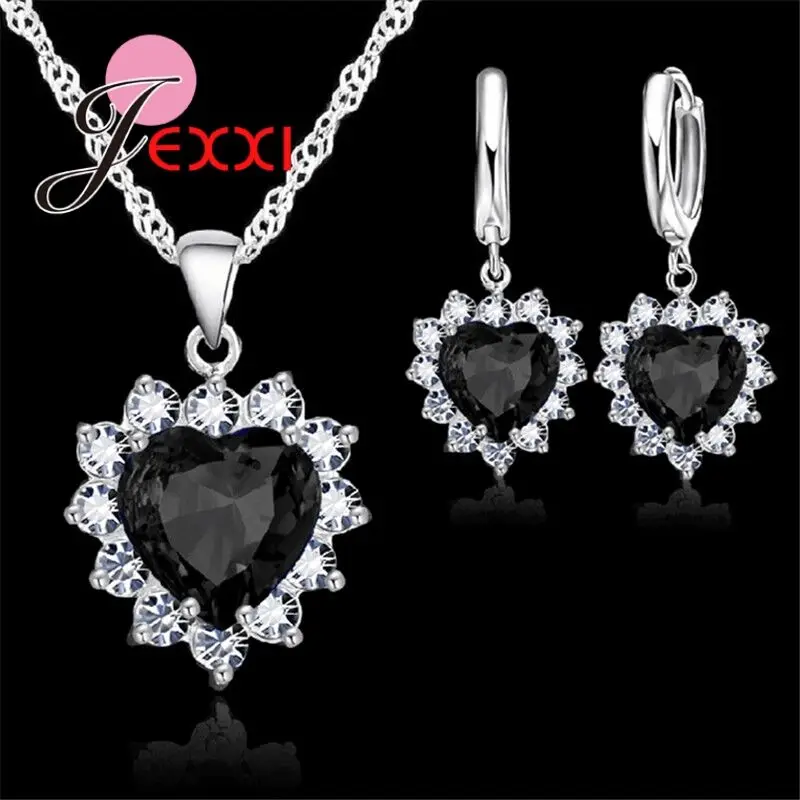 New Fashion 925 Sterling Silver Cubic Zirconia Necklace Loop Earring Jewelry Sets Romantic Heart Lover Wedding Gifts