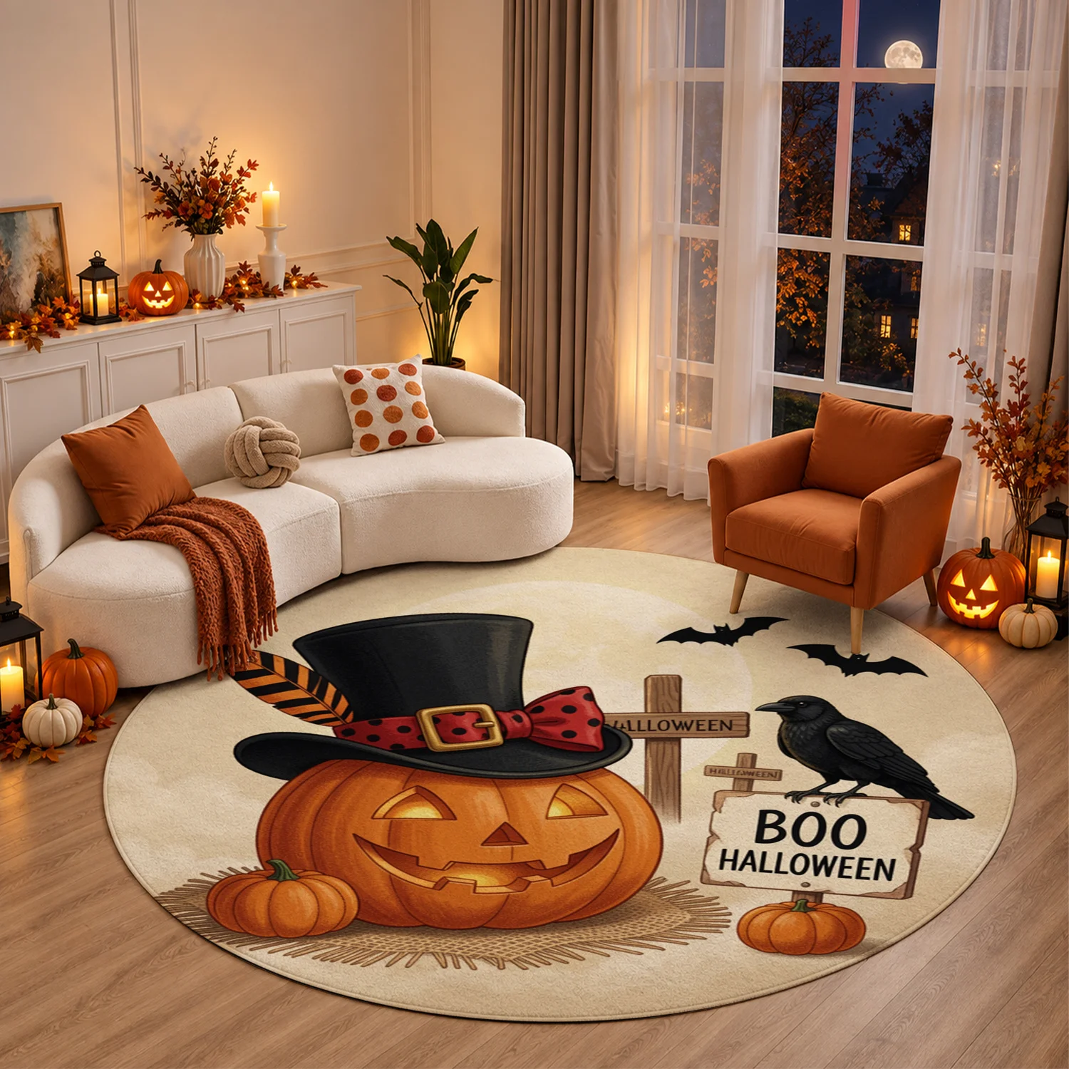 Halloween Jack-O-Lantern Crow Bat Pattern Round Velvet Rug, Machine Washable, Stays Firmly In Position, Ideal For Front Door, Entryway, Patio, Living Room, Perfect For Halloween, Thanksgiving, Christmas, New Year, Black Friday, Cyber Monday Decor