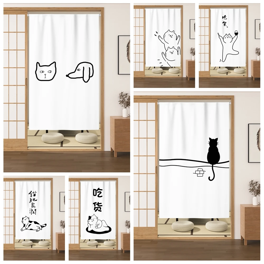 Japanese Cute Cat Door Curtain Izakaya Dining Room Blackout Partition Linen Doorway Curtains Room Entrance Single Piece Curtain