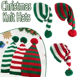 Adult Stripe Long Christmas Hat Soft Red White Green Pom Pom Knitted Hats For Women Men Elastic Warm Beanie New Year Party Gift
