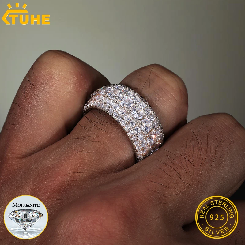 

TUHE Men Iced Out Moissanite Ring S925 Sterling Silver Hip Hop Pave Band Ring Man Hip Hop Jewelry
