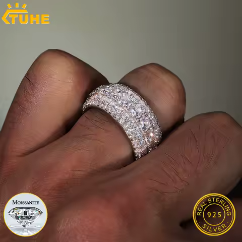 TUHE Silver 925 Moissanite Ring Iced Out Jewelry Sterling Silver Rings Man Hip Hop Jewelry Hip Hop Pave Band Ring Men Gift
