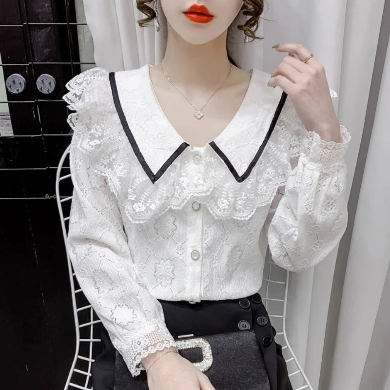 

2022 Autumn Winter Sweet Style Thick Blouse Peter Pan Collar Lace Decoration Shirt for Women Korean Style Fashion Chiffon Top