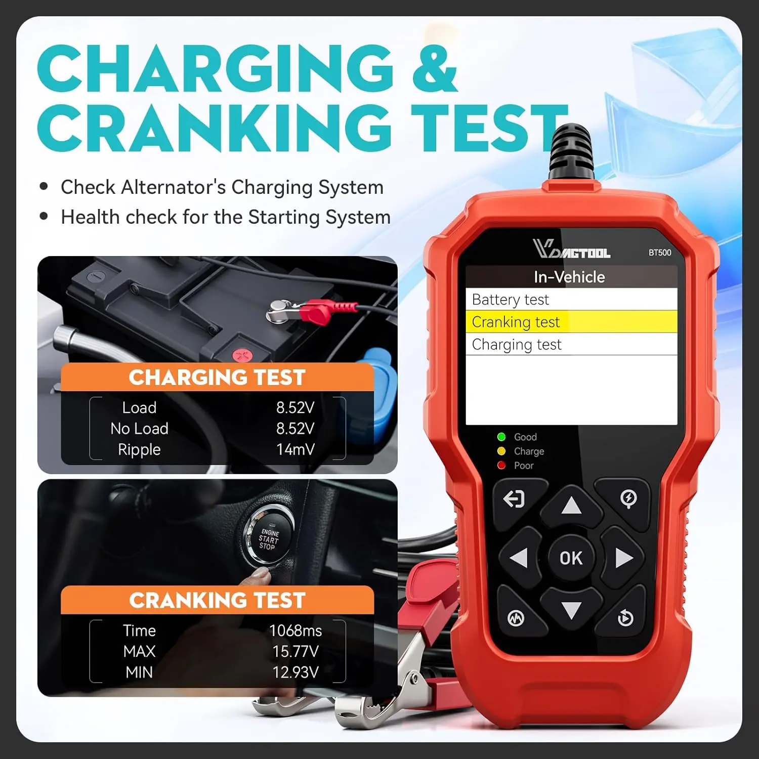 VDIAGTOOL BT500 6-32V Battery Tester Car Battery Analyzer 100-2000CCA Auto Charging Cranking Scanner Tools Battery Test Tool