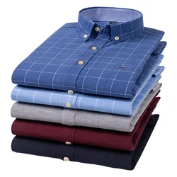 New Men's Social Shirt Long Sleeve Pure Cotton Oxford Thin Soft Buttoned Plaid Formal Male Clothes Oversized Shirt Plus Size