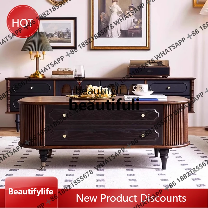French Retro Coffee Table and TV Cabinet Set American Style Living Room Oval Tea Table Movable