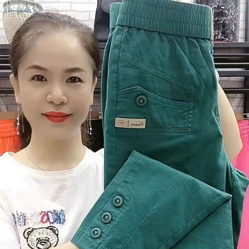 Women Cotton Linen Harun Pants Spring Summer New Fashion High Waist All-Match Thin Casual Pants Female Nine-Point Pants Ladies