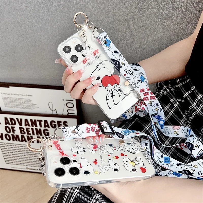 Cartoon Funny Cute Snoopy Peanut Crossbody Straps Wrist Strap Stand Phone Case For iPhone 11 12 13 14 15 Pro Max Soft TPU Cover