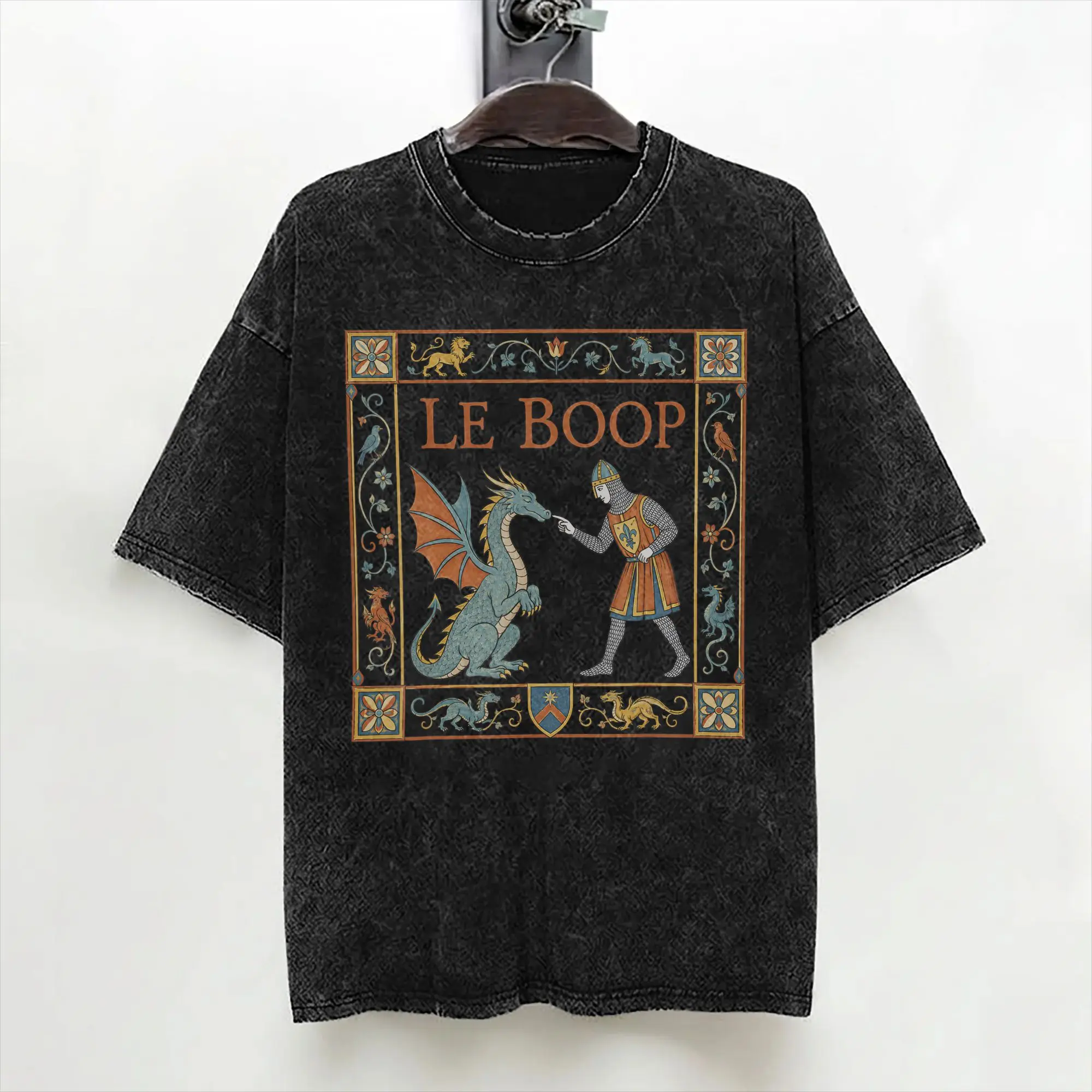 Le Boop Medieval Knight Dragon T Shirt Washed 100% Cotton Oversize T-Shirt  Novelty for Men Women Streetwear Summer Tees