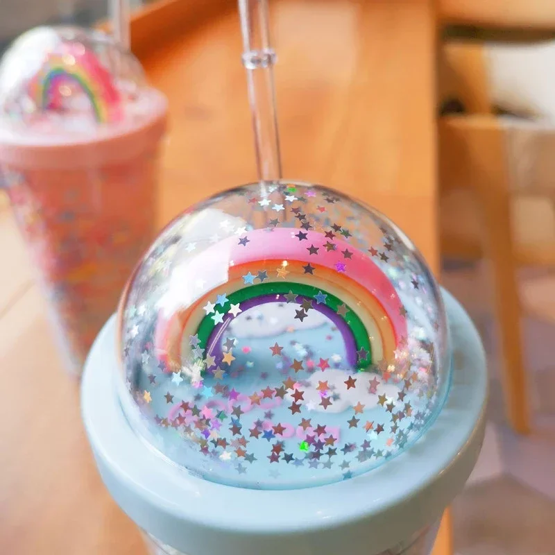 550ml Creative Rainbow Straw Fashion Large Capacity Double Layer Body Color Bead Drink Women\'s Plastic Water Cup