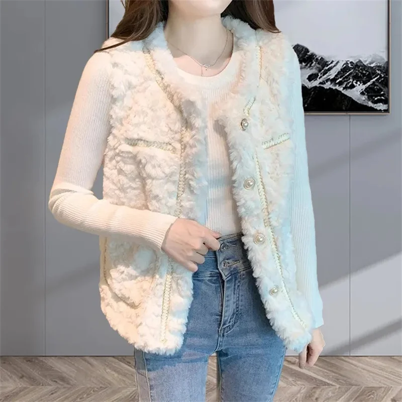 Lambwool Vest Women\'s Sleeveless Jacket Fall Winter New Fur One Piece Vest Coat Female Single-Breasted Solid Cardigan Coat