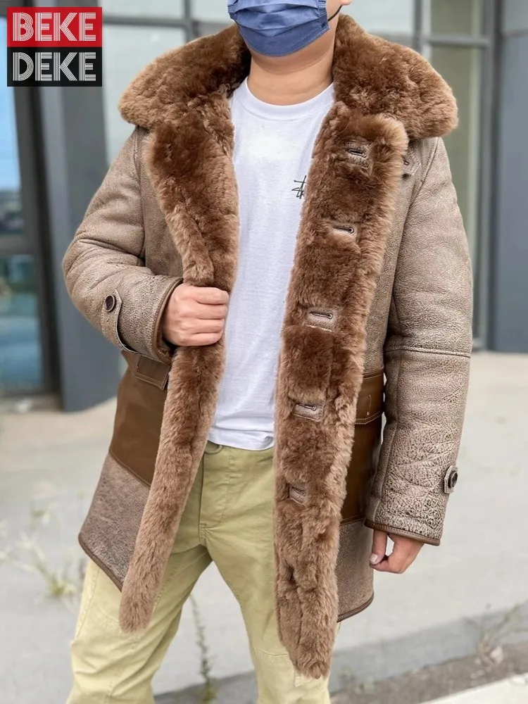 

Mens Real Fur Coat Winter Thicken Warm Wool Lining Single Breasted Genuine Leather Shearling Jacket Middle Long Hooded Overcoat